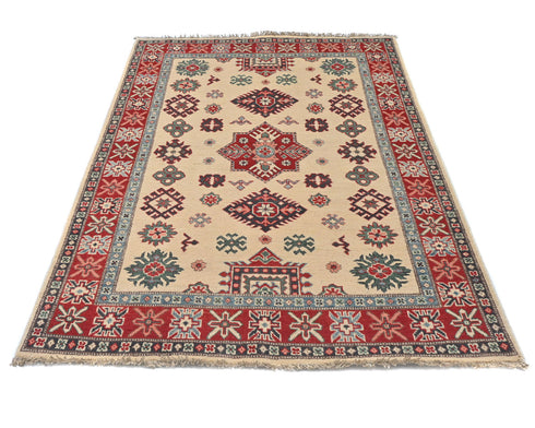 4x6 Beige Kuba Afghan Hand Knotted Wool Area Rug
